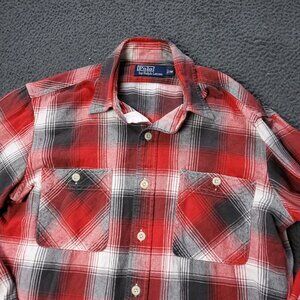 VINTAGE Polo Ralph Lauren Shirt Mens M Medium Button Red Flannel Plaid Western